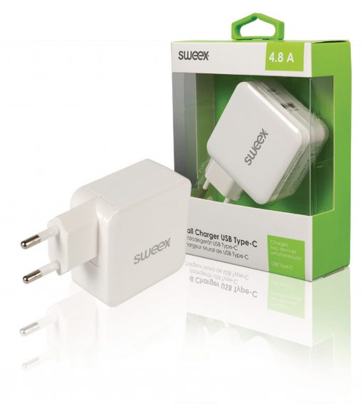 Väggladdare 2-Utgångar 4.8 A USB / USB-C Vit