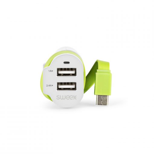 Billaddare 3 Utgångar 2 x USB / USB-C Vit/Grön